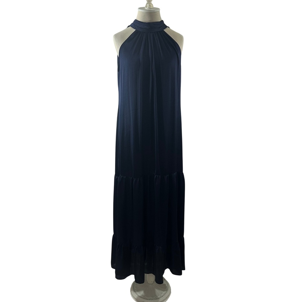 MSK Womens Navy Blue Halter Neck Tiered Maxi Dress Sleeveless Gown Size S NEW
